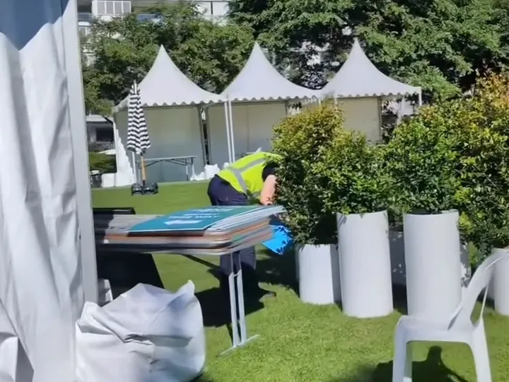 Lily pilly in tall white cylinder pots on the festival lawn at Roma Street Parkland, with white marquees behind