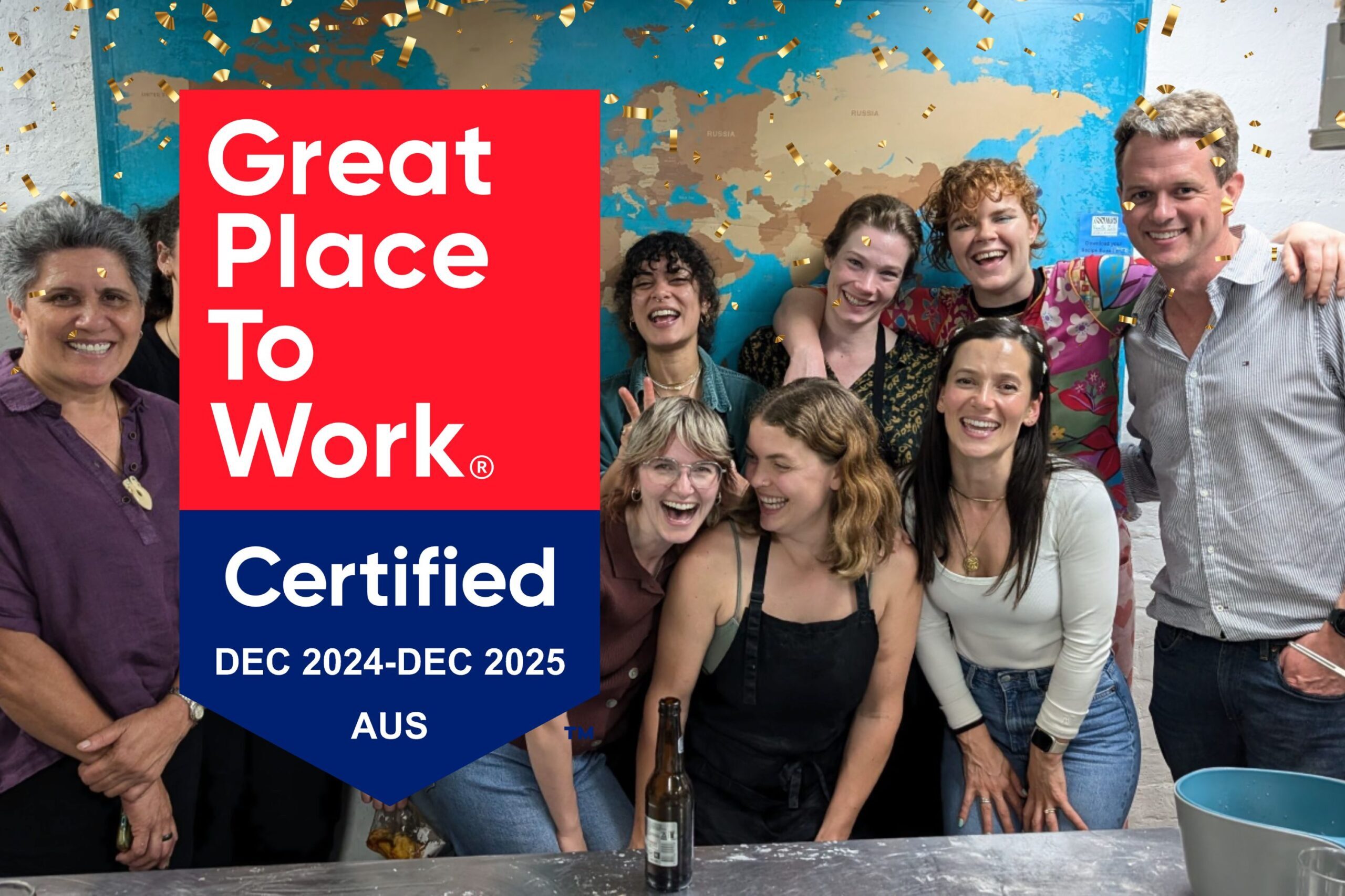 Advance Plants team celebrating with confetti alongside a Great Place To Work Certified badge for Dec 2024–Dec 2025, Australia
