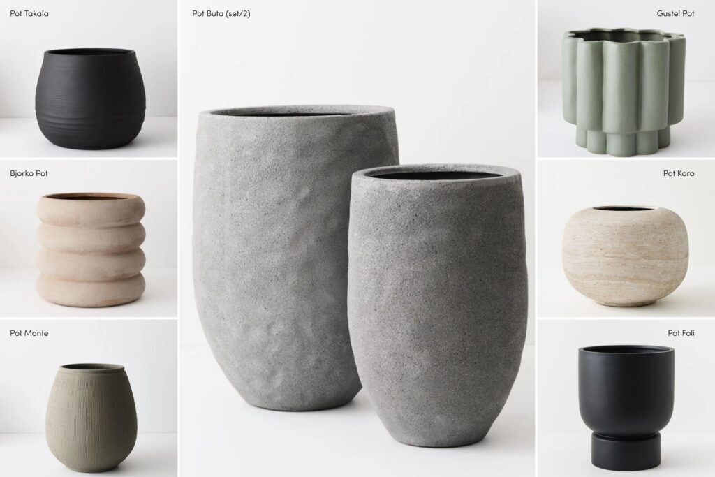 Floral Interior pot favourites: Bjorko Pot, Gustel Pot, Pot Koro, Pot Buta (set/2), Pot Monte, Pot Foli and Pot Takala.