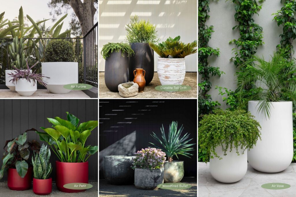 Garden Life pot favourites, including: Air Furore, Air Petit, Air Vase, Duralite Tall Drift, Woodfired Bullet.