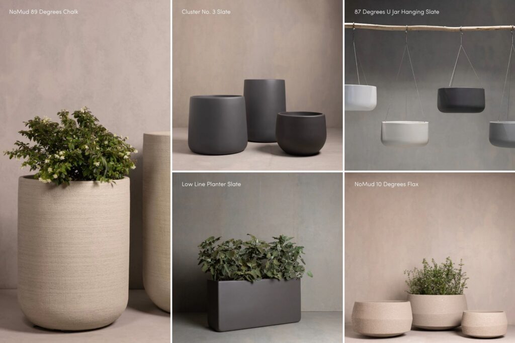 Hibernate pot favourites, including: NoMud 89 Degrees Chalk, Cluster No. 3 Slate, Low Line Planter Slate, 87 Degrees U Jar Hanging Slate and NoMud 10 Degrees Flax. 