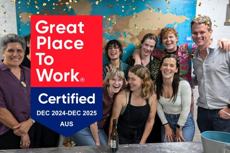 Advance Plants team celebrating with confetti alongside a Great Place To Work Certified badge for Dec 2024–Dec 2025, Australia