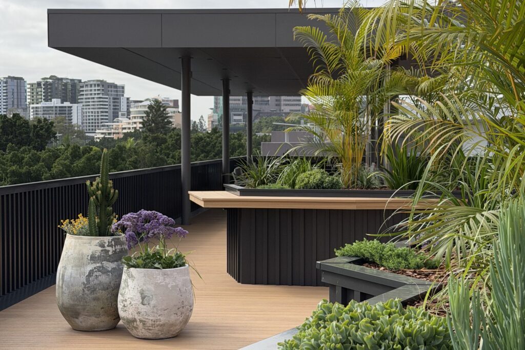 Rooftop terrace planted with palms, succulents and flowering sea lavender in weathered stone pots and built-in planters, overlooking a city skyline