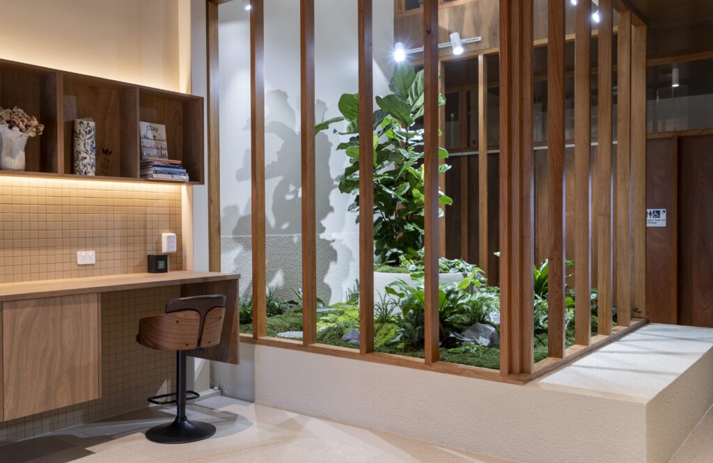 Track lighting above an indoor moss garden framed by timber battens at GDM Property, Albion